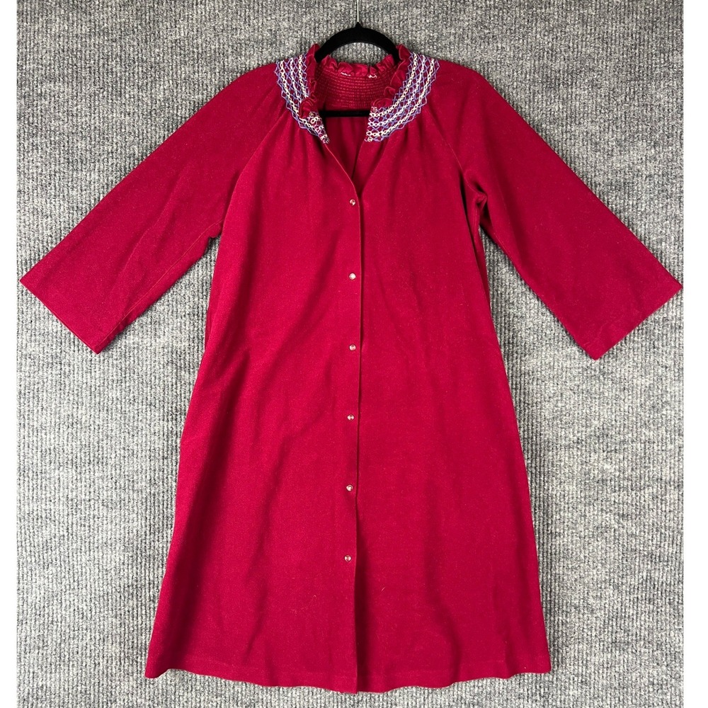 Vintage 70s Red Velour Hostess Robe M L Grannycore Retro Glam Pearl Snap